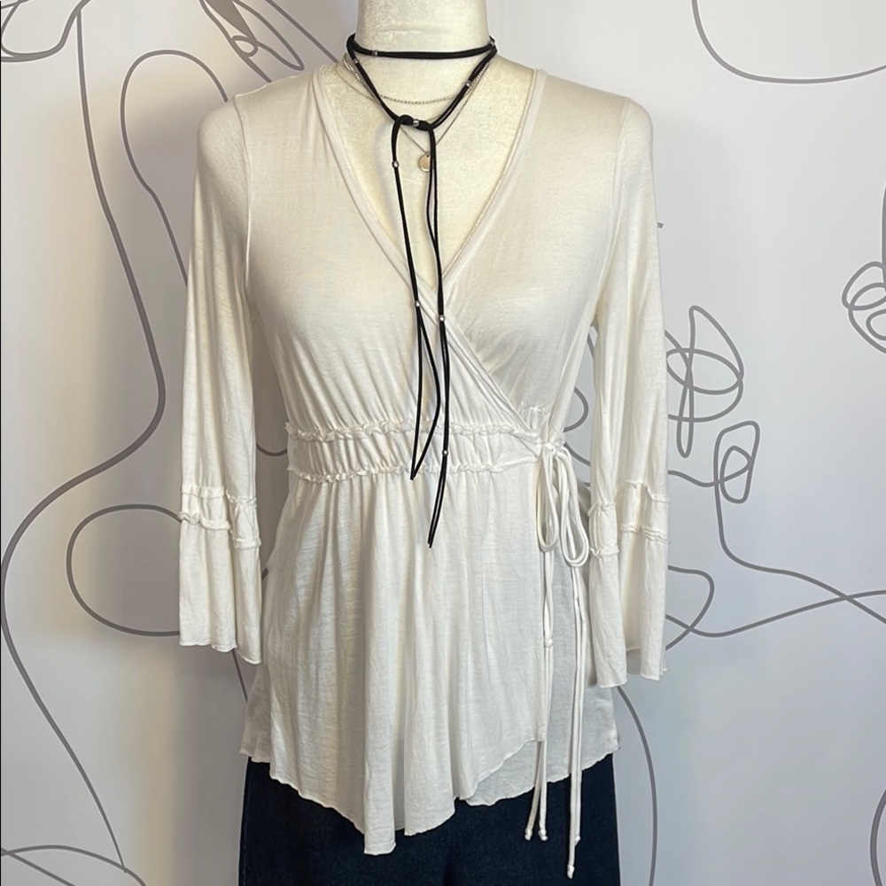 Poleci- White Wrap Blouse with 3/4 Sleeves size M